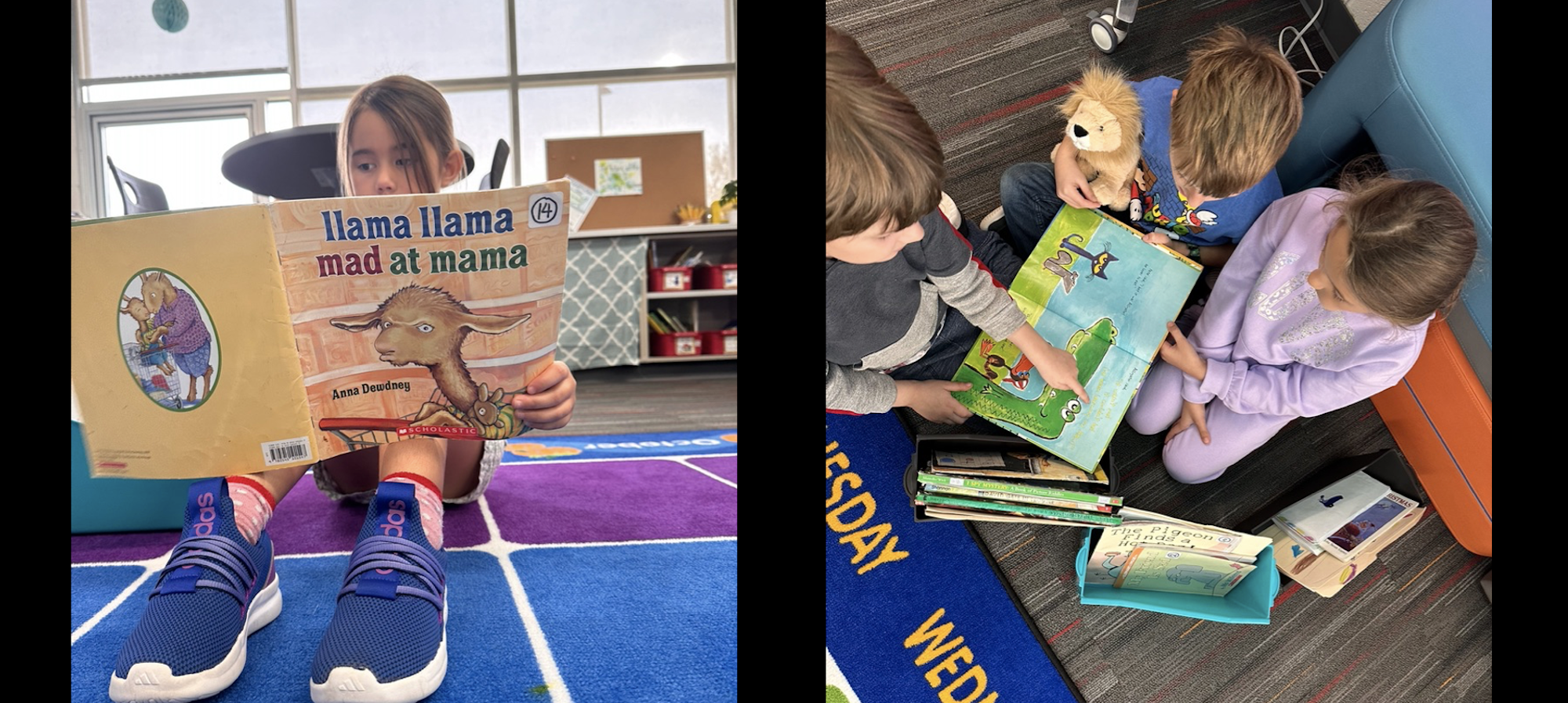 Student sitting with book and students reading together