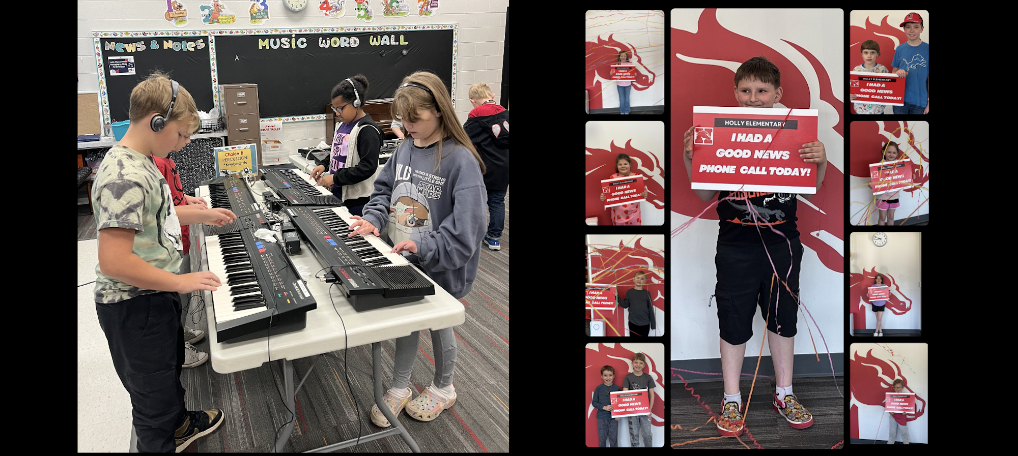 Students in the music room and students who had a good news call