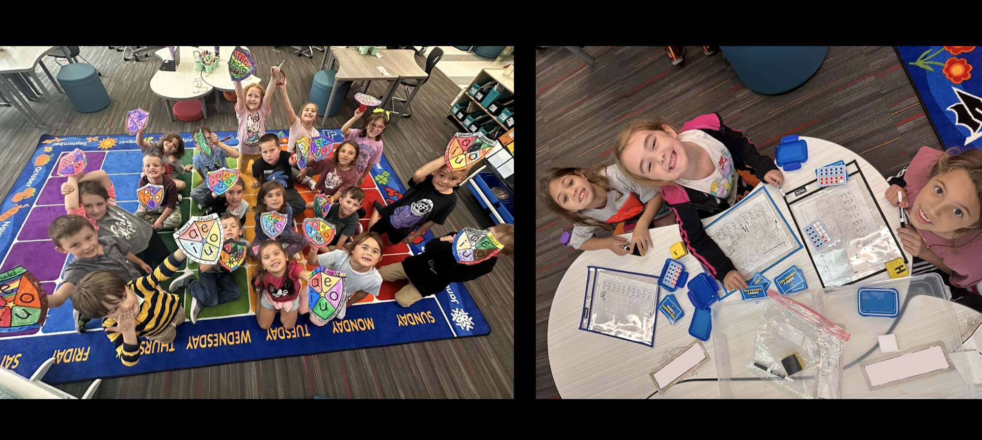 Students holding shields with vowels and students working with word cards