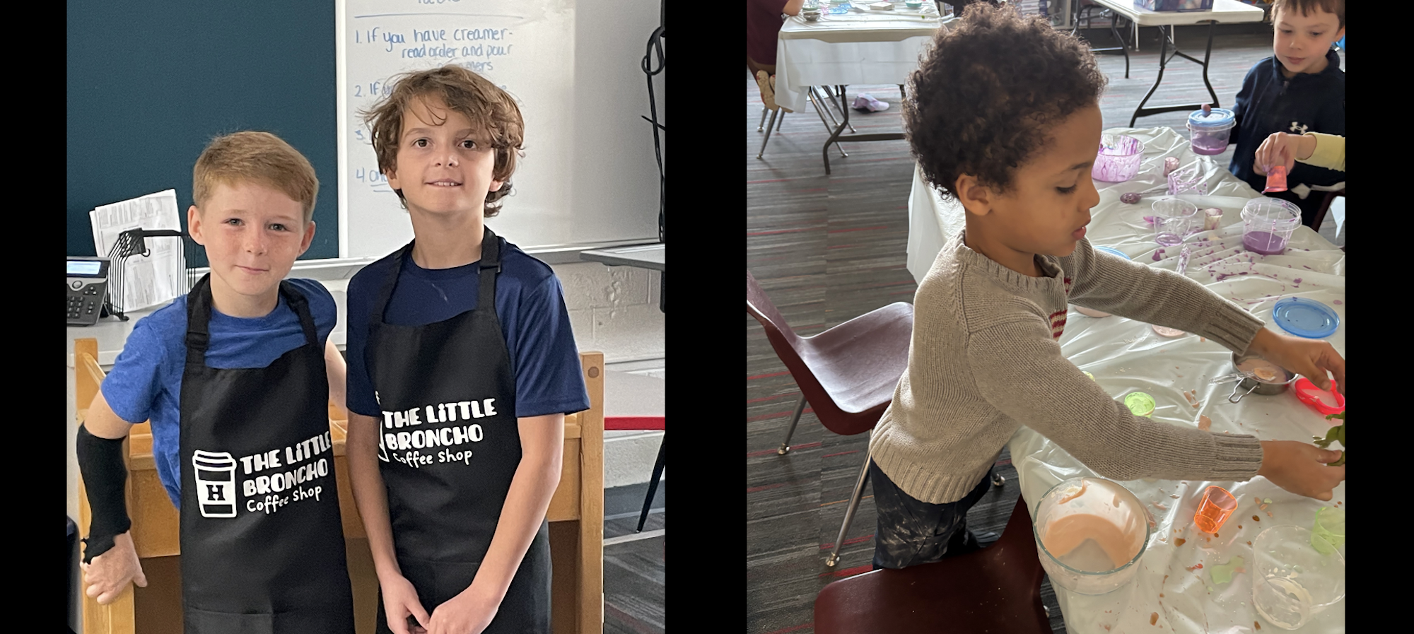 Students with "the little broncho coffee shop aprons and student painting
