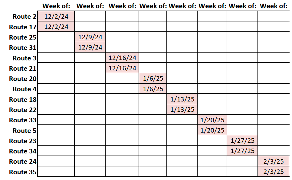 Temporary Bus Route Cancellation Schedule Week of Dec 2 2024 thru Feb 3 2025